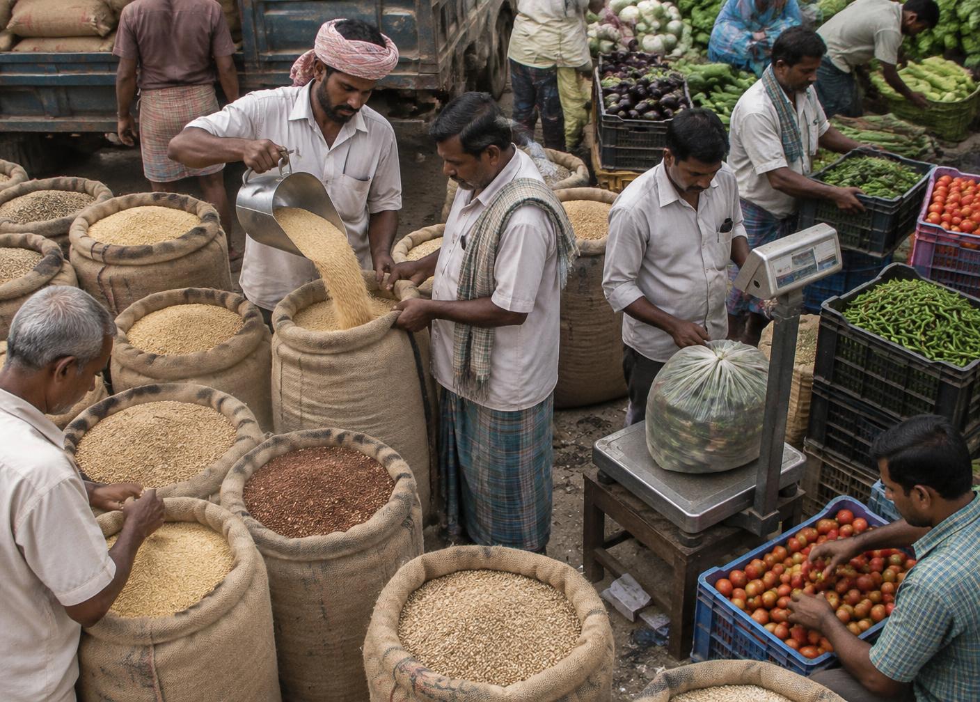 Grain and vegetables being weighed and sorted at a wholesale agricultural market