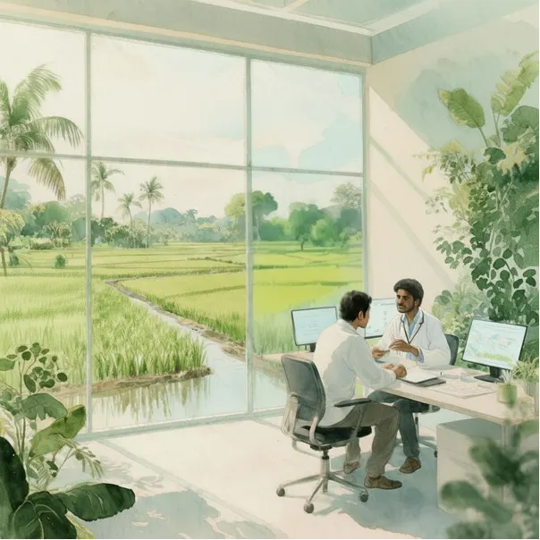 Agriculture experts analyzing data in an office